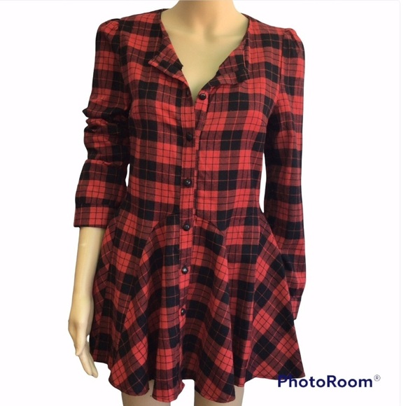 Black/Red Buffalo Print Button Down Shirt Dress Plaids A- Line Size S - Picture 1 of 9